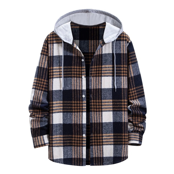 Camisas Manga Larga Hombre Cárdigan de camisa de manga larga con capucha y botones a cuadros de lijado informal a la moda de primavera y otoño para hombre (Navy, M)