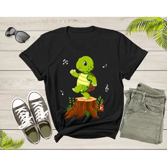 Cute Funny Green Dancing Turtle Tortoise on Brown Tree Root T-Shirt Turtle Lover Gift T Shirt for Men Women Kids Boys Girls Graphic Tshirt