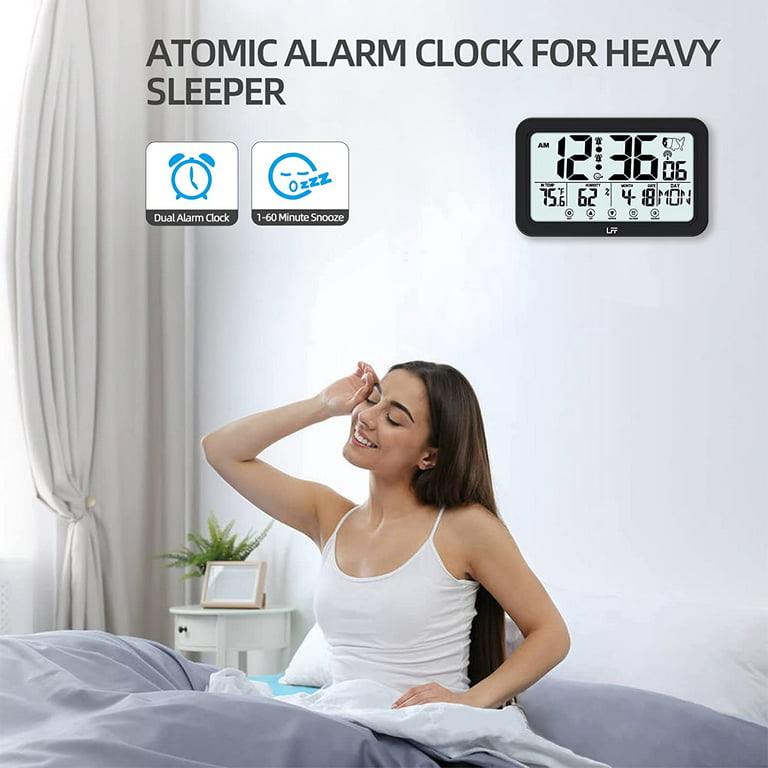 Atomic Clock, Indoor Temperature and Humidity, Backlight, Battery Operated,  USB Charger, 2 Alarm Clocks, Desk Clock for Bedroom, Living Room, Office