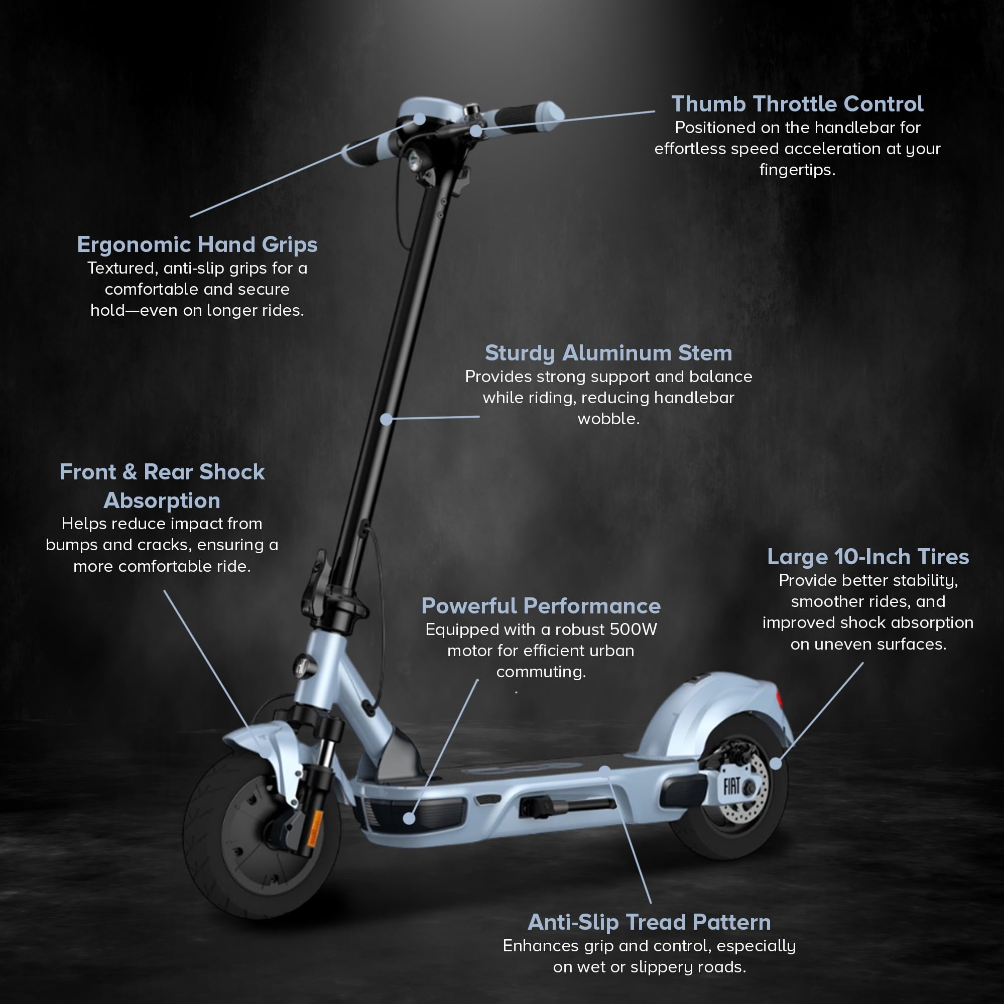 Fiat 500W Electric Scooter, Foldable Scooter for Adults with 10” Tubeless Tires, Blue