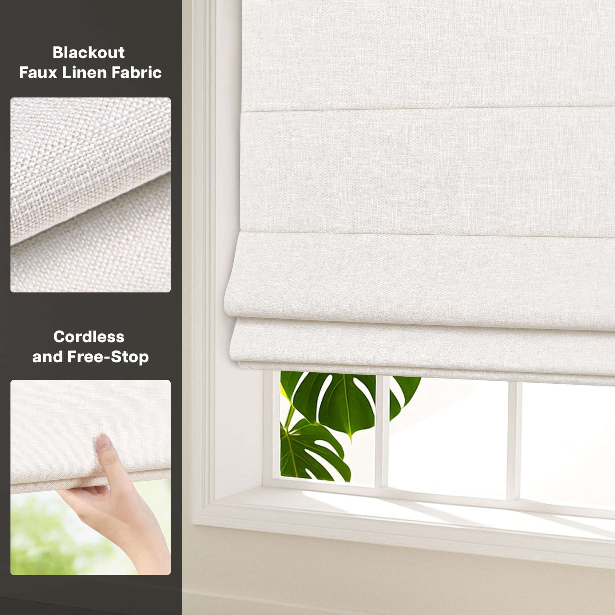 LazBlinds No Tools No Drill Cordless Roman Shades for Windows, Blackout Thermal Insulated UV Blocking Window Blinds, Lightweight Fabric Blinds for Indoor Windows, 44" W x 60" H, Blackout - White