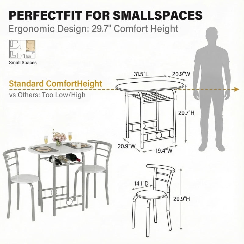Vineego 3-Piece Dining Set for 2,Small Space Saving Kitchen Breakfast Table and 2 Wooden Chairs,White