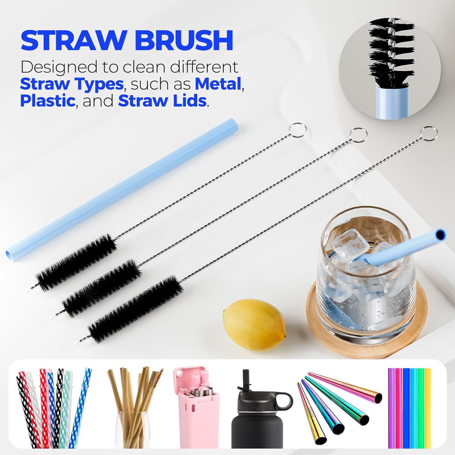 6 Pack Bottle Brush Set, 14" Long Handle Stainless Steel Bottle Cleaner Brush, 3 Straw Brushes, 3-in-1 Bottle Cleaning Brush for Water Bottle, Antistatic Lab Brushes, Straws Black