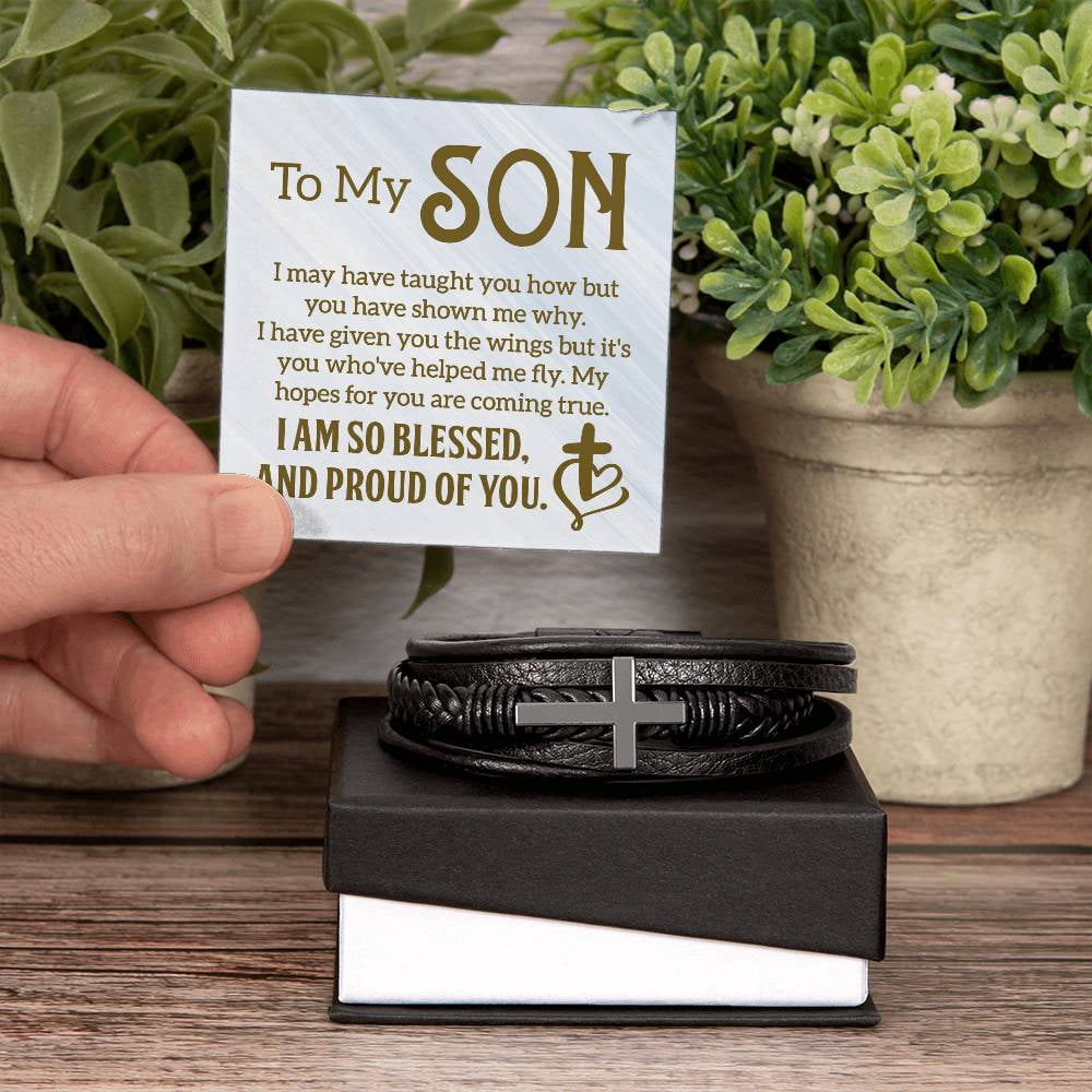 To My Son I Am So Blessed Men's Stainless Steel & Vegan Leather Cross Bracelet - Vegan Leather with Stainless Steel