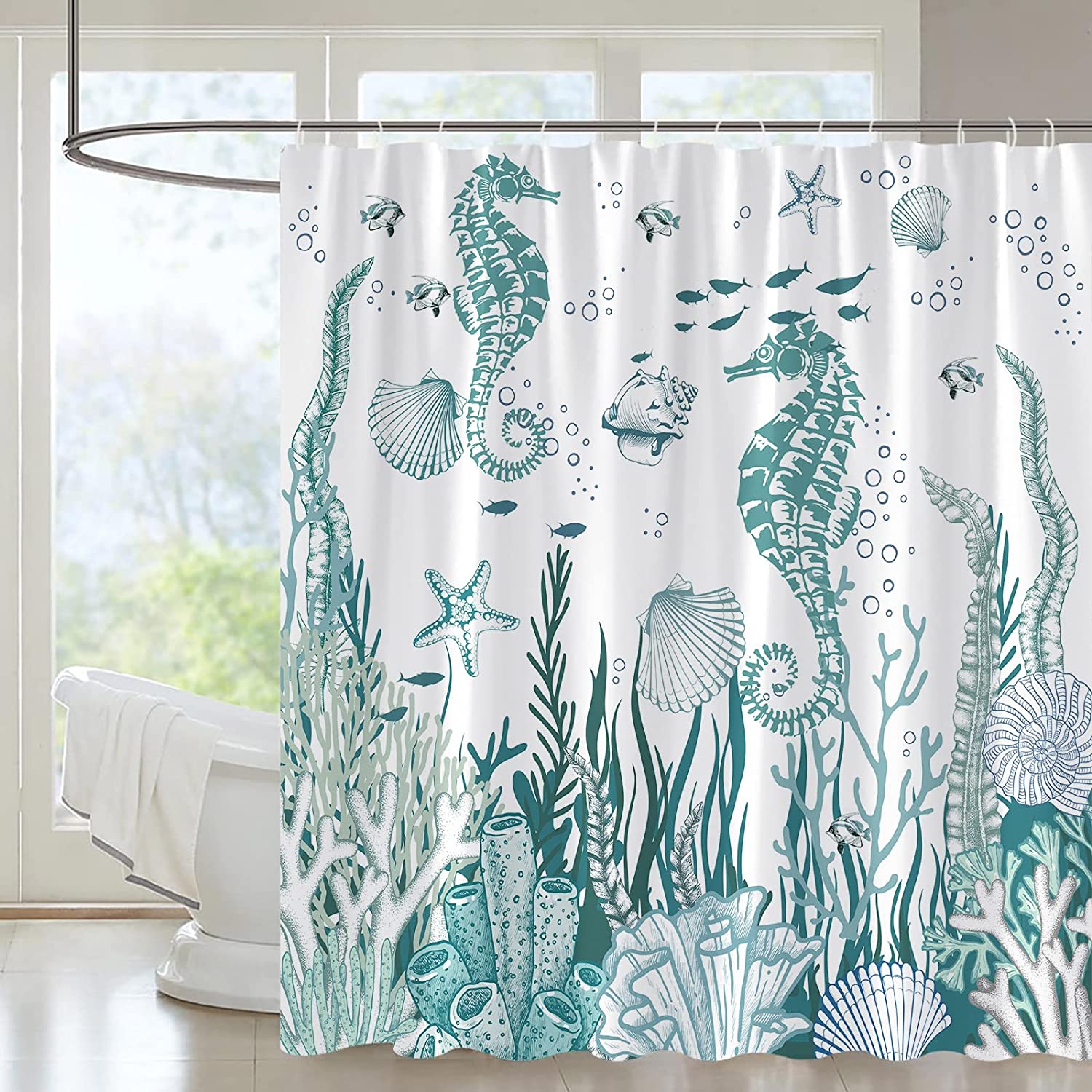 aoselan Seahorse Shower Curtain Nautical Coastal Starfish Seashell