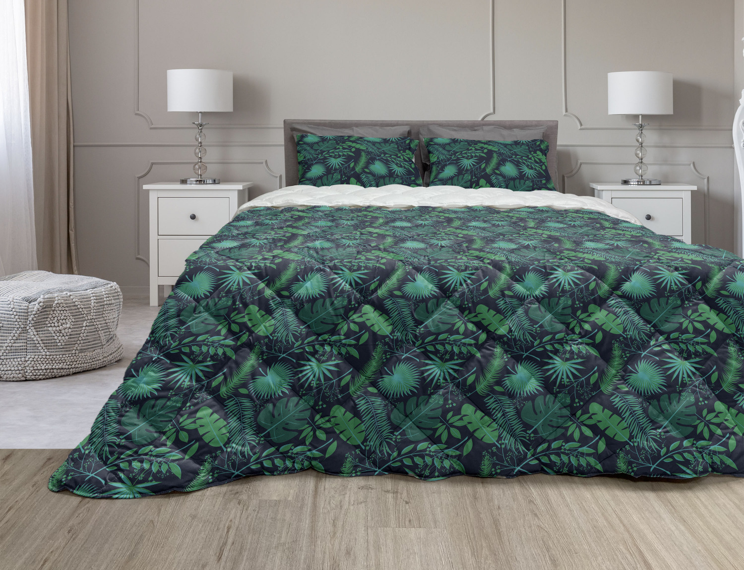 Tropical Comforter & Sham Bedding Set, Leaves Hibiscus Plumeria Jungle  Trees, 3 pcs Duvet Set Microfiber Filling Quilt, 5 Sizes, Indigo Jade  Green, by