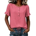 thumbnail image 3 of ClodeEU Women's Crew Neck Short Sleeve Henley Blouse,Casual Solid Color Linen Blend Top Hot Pink,Women's Plus L, 3 of 8
