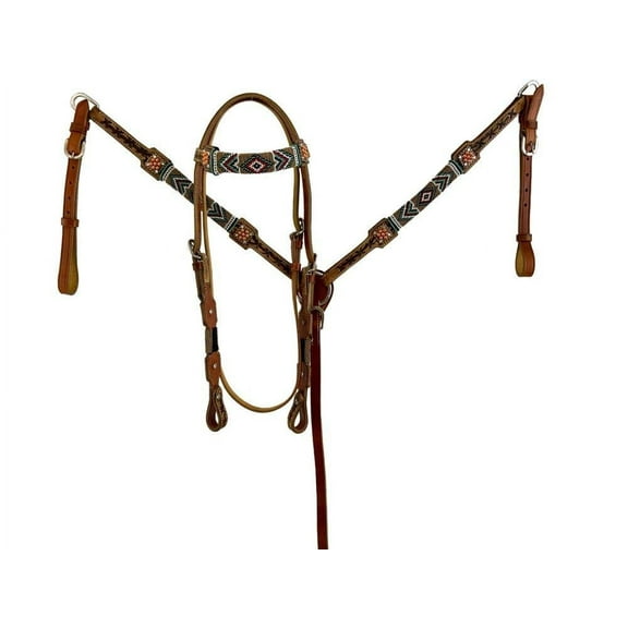 Showman Leather Browband Headstall & Breast Collar Set w/ Beaded Southwest Design