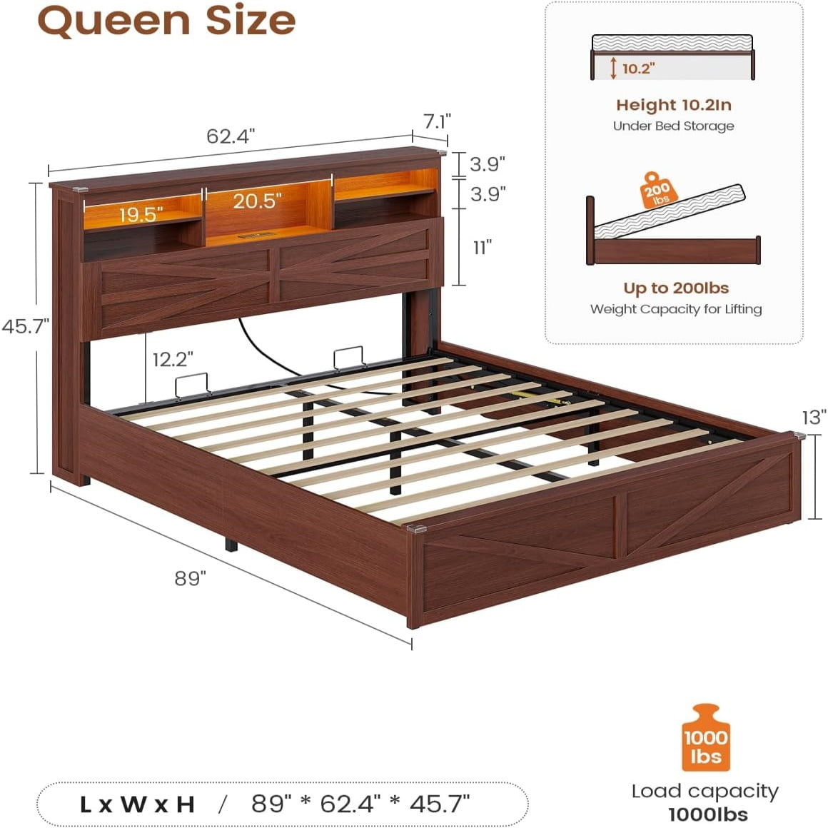 Farmhouse Queen Size Bed Frame with Lift Up Storage, Hidden Bookcase Headboard, LED Lights & Charging Station - No Box Spring Needed, Brown