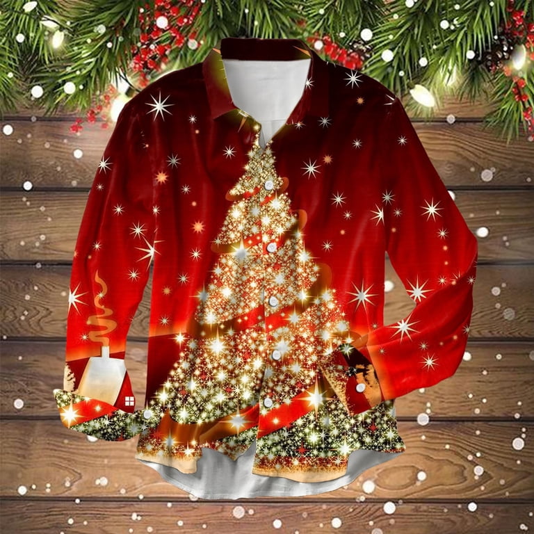 SRZYMJ Men's Christmas Shirts Long Sleeve Button Down Dress Shirts Funny Xmas Printed Casual Loose Fit Holiday Party Tops