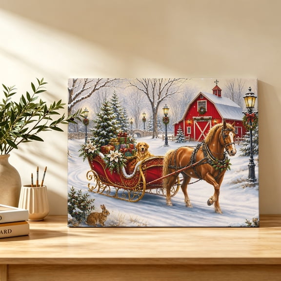 Christmas Canvas Wall Art, Snowy Farm Landscape Horse Carriage Red Barn Xmas Tree Wall Art Prints Artwork Framed Canvas Ready to Hang Art Pictures for Study Living Dining Room Bedroom 20" x 16"