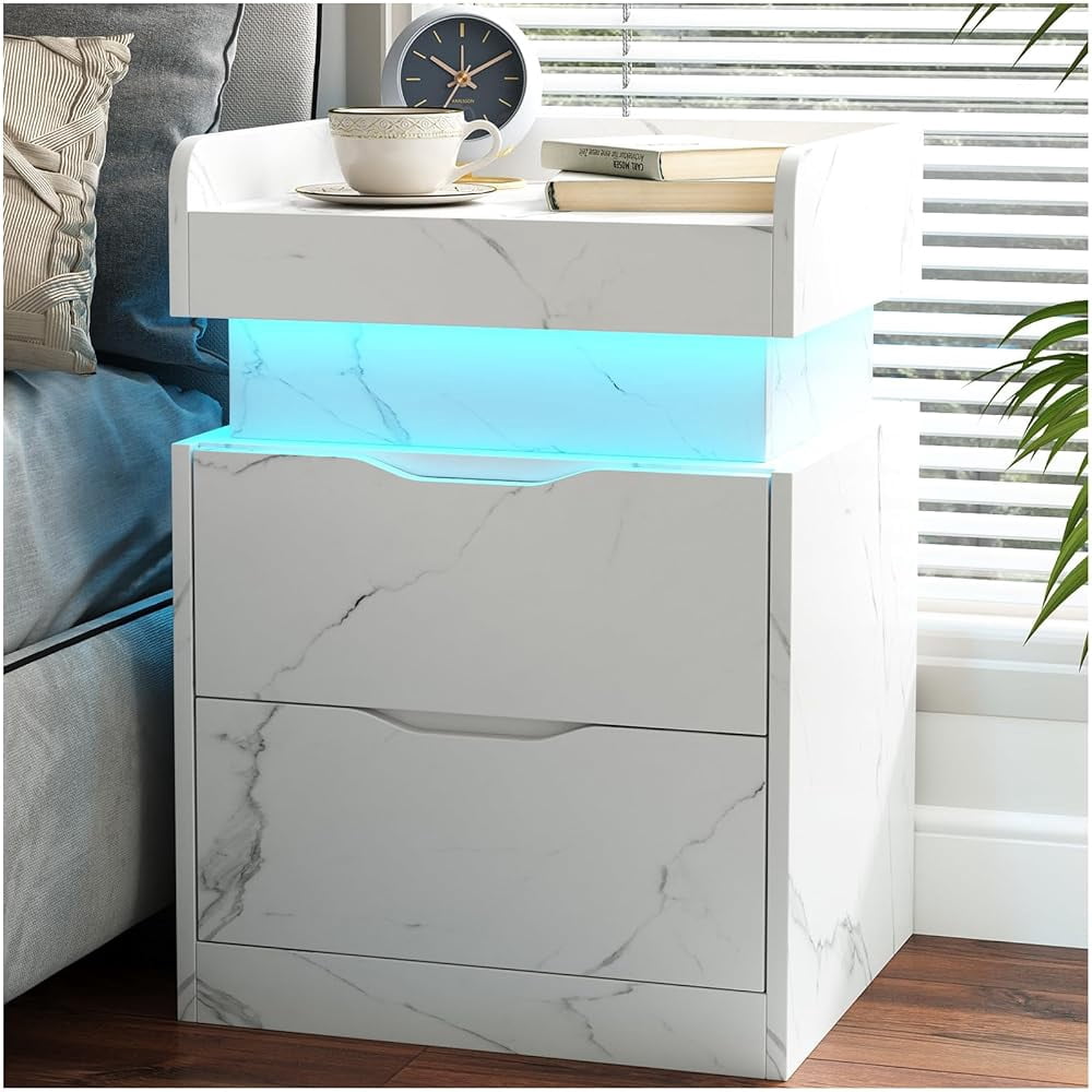 Nightstand with Charging Station, White Bedside Table LED Modern Nightstand with 3 Hidden Drawer for Bedroom Living Room,White Marbled