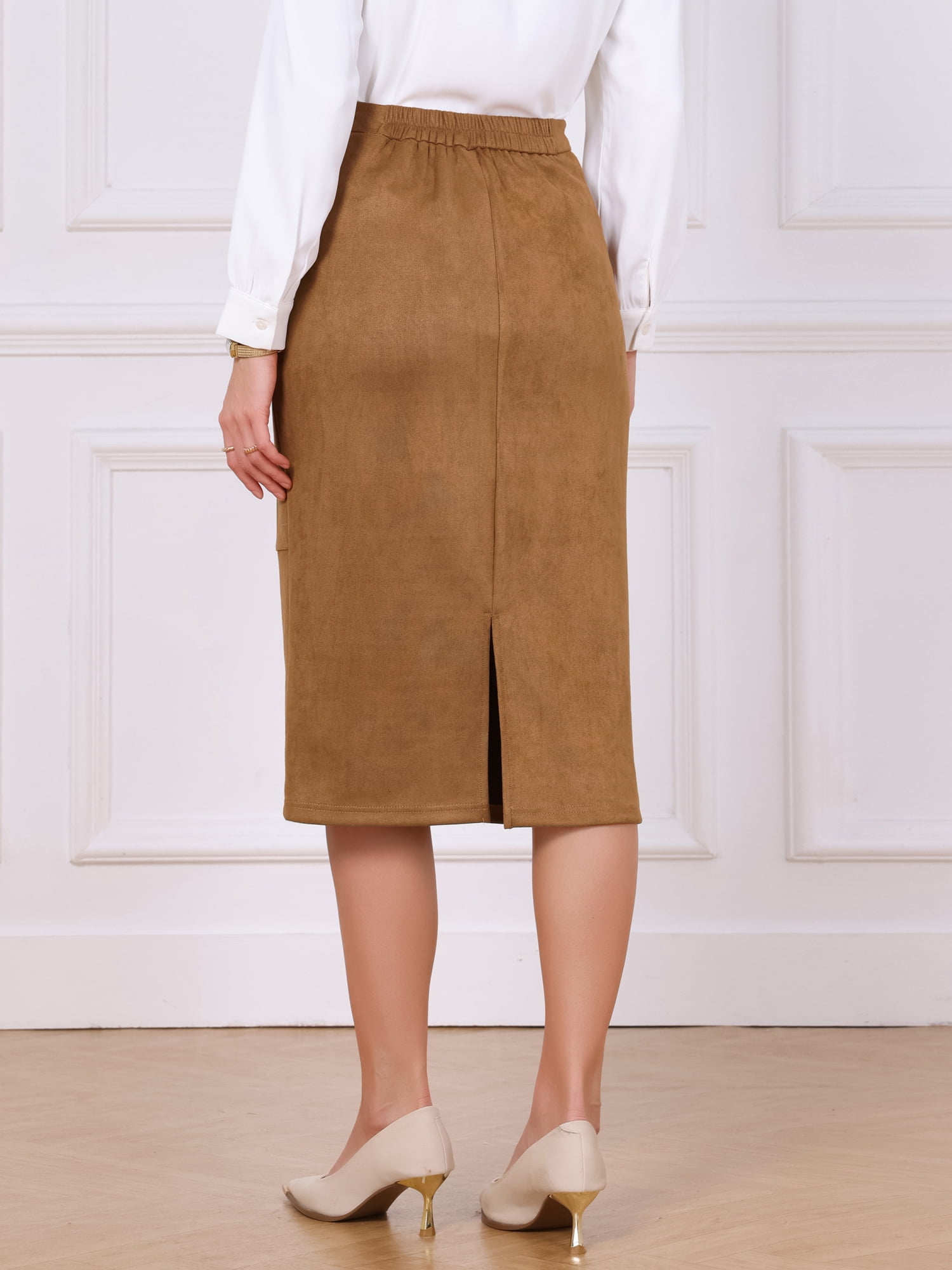 DARING DIVA Women's Faux Suede Skirt High Waist Vintage Skirts S Caramel