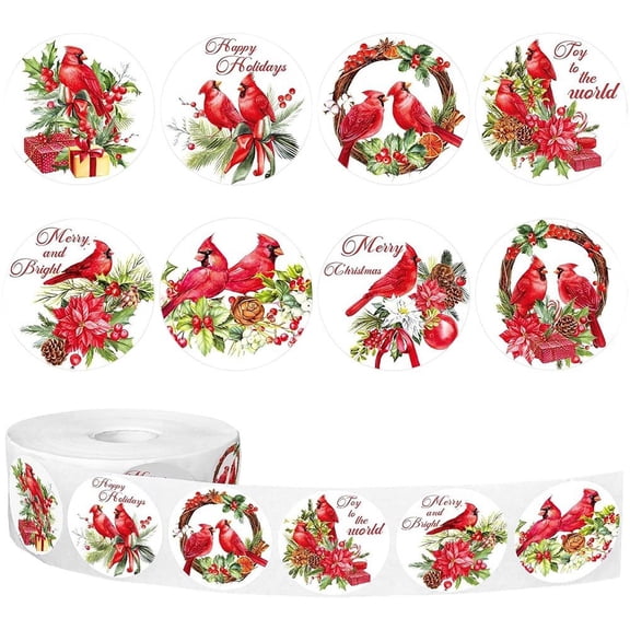 500Pcs Merry Christmas Stickers Roll Cardinal Red Bird Decals Assorted Xmas Adhesive Decorative Stickers Round Seal Decals for Gift Greeting Card Party Holiday Supplies