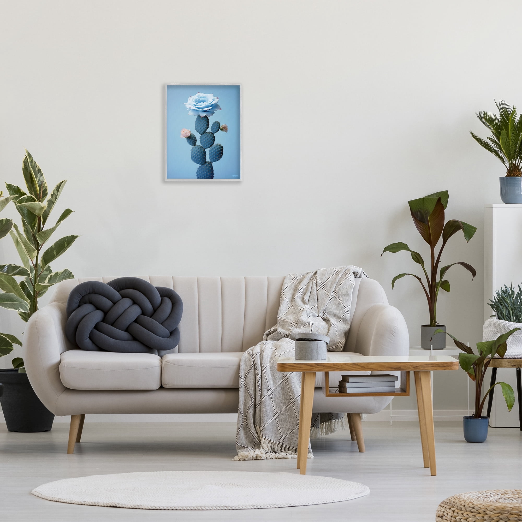 Stupell Industries Blue Rose & Cactus Botanical & Floral Painting Gray Framed Art Print Wall Art, 16 x 20