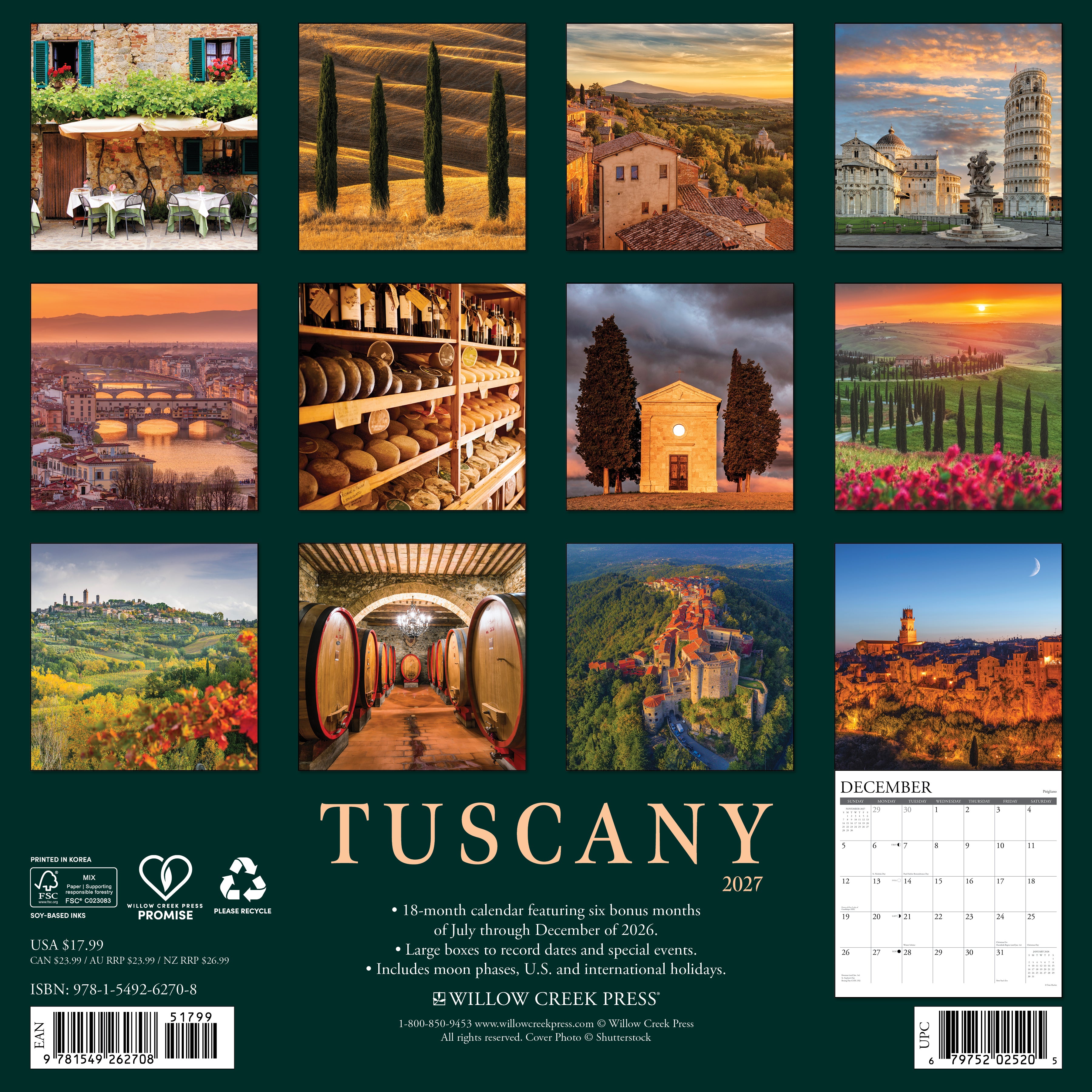 Willow Creek Press, Tuscany 2027 Wall Calendar