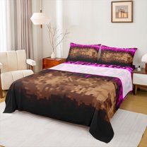 Manfei Geometric Check Queen Sheet Sets,Patchwork Pixel Buffalo Flat Sheet,Pink Brown Queen Fitted Sheet For Girls Boys,Breathable Home Decor,4pcs