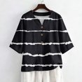 thumbnail image 2 of ASDFVBKG Womens 3/4 Sleeve V Neck Cotton Linen T-Shirts Dressy Retro Striped Printed Tops Casual Loose Comfortable Tee Tops Black L, 2 of 4