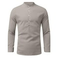 thumbnail image 4 of Men's Linen Roll Up Long Sleeve Shirt Cotton Casual Beach Shirts Henley T-Shirt Solid Band Collar Vacation Tops, 4 of 6
