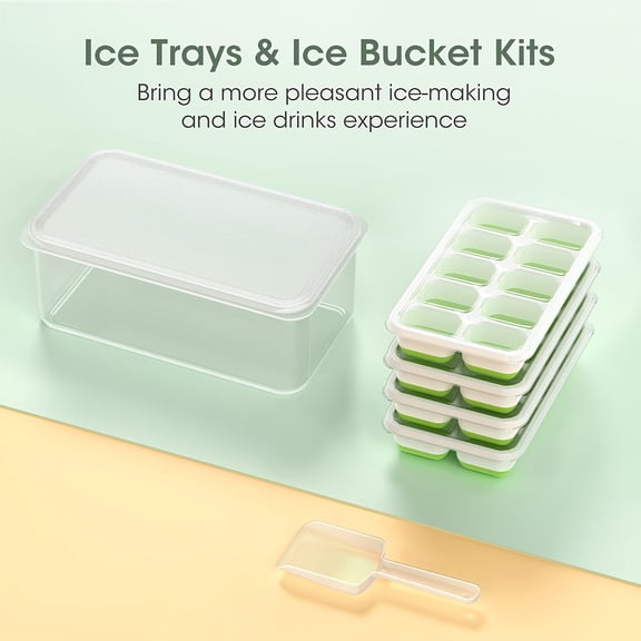 Medium Storage Box and Four Ice Cube Trays，Lidded ice trays and storage bucket, 4-piece silicone and plastic ice cube maker set, stackable ice storage bucket with free spoon, suitable for soup, food