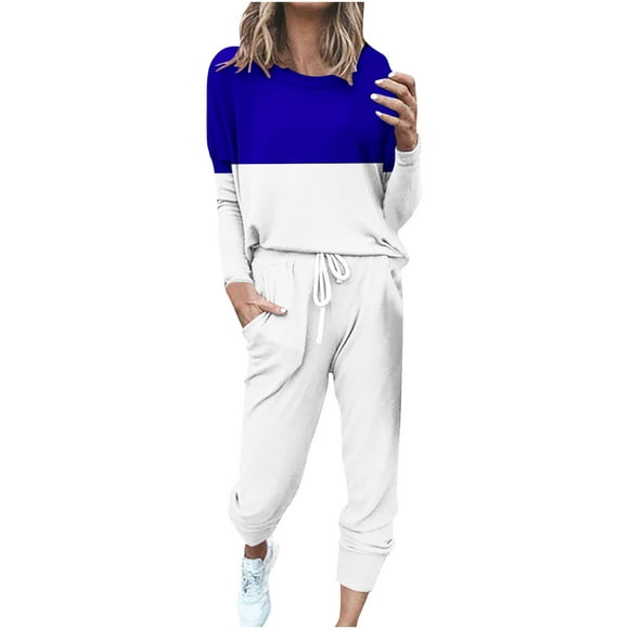 Bowake Womens Two Piece Outfits Sweatsuits Casual Color Block Crewneck Long Sleeve Tops and Pants Lounge Sets Tracksuits