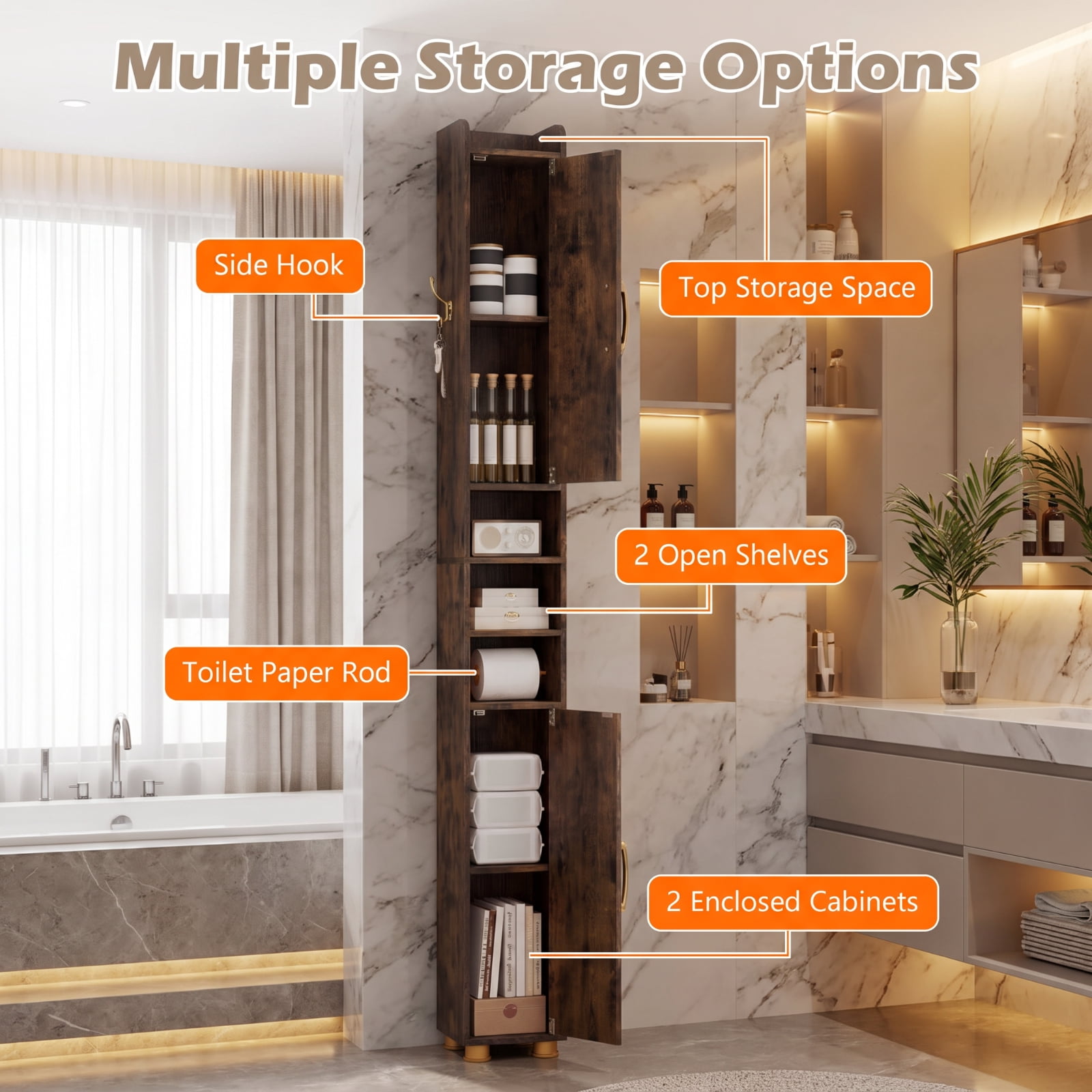 Vebreda Narrow Bathroom Storage Cabinet, Tall Freestanding Slim Cabinet with 2 Closed Cabinets, Open Shelves and Toilet Paper Holder, Adjustable Shelves and Hook, Rustic Brown