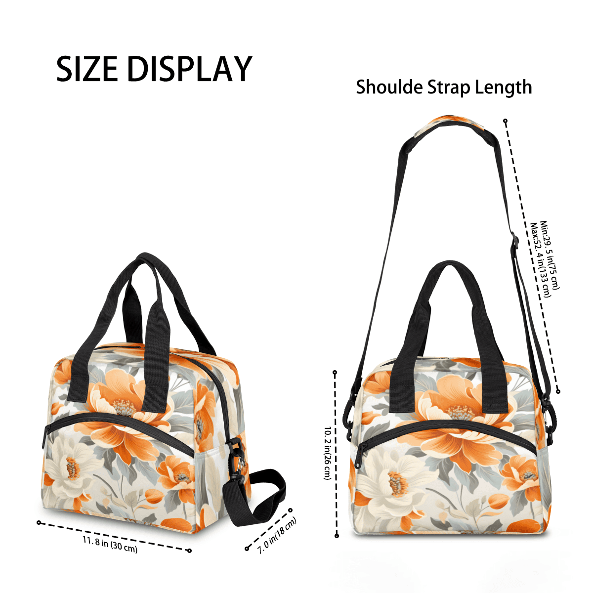 Herdesigns Floral Insulated Lunch Bag for Women Men Adults Large Reusable Lunch Box Orange White Flowers Leakproof Cooler Tote Bags with Adjustable Shoulder Strap