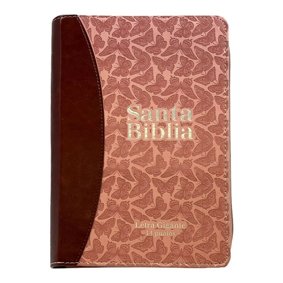 Biblia Reina Valera 1960. Tamaño manual Letra Gigante 14 puntos. Imitación Piel café/ rosa con mariposas. Con cierre y con índice.