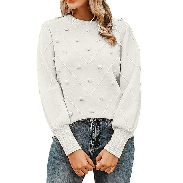 Chandail Col Rond Automne pour Femmes Mignon Manches Longues Bouffantes Tricot Épais avec Pompon
