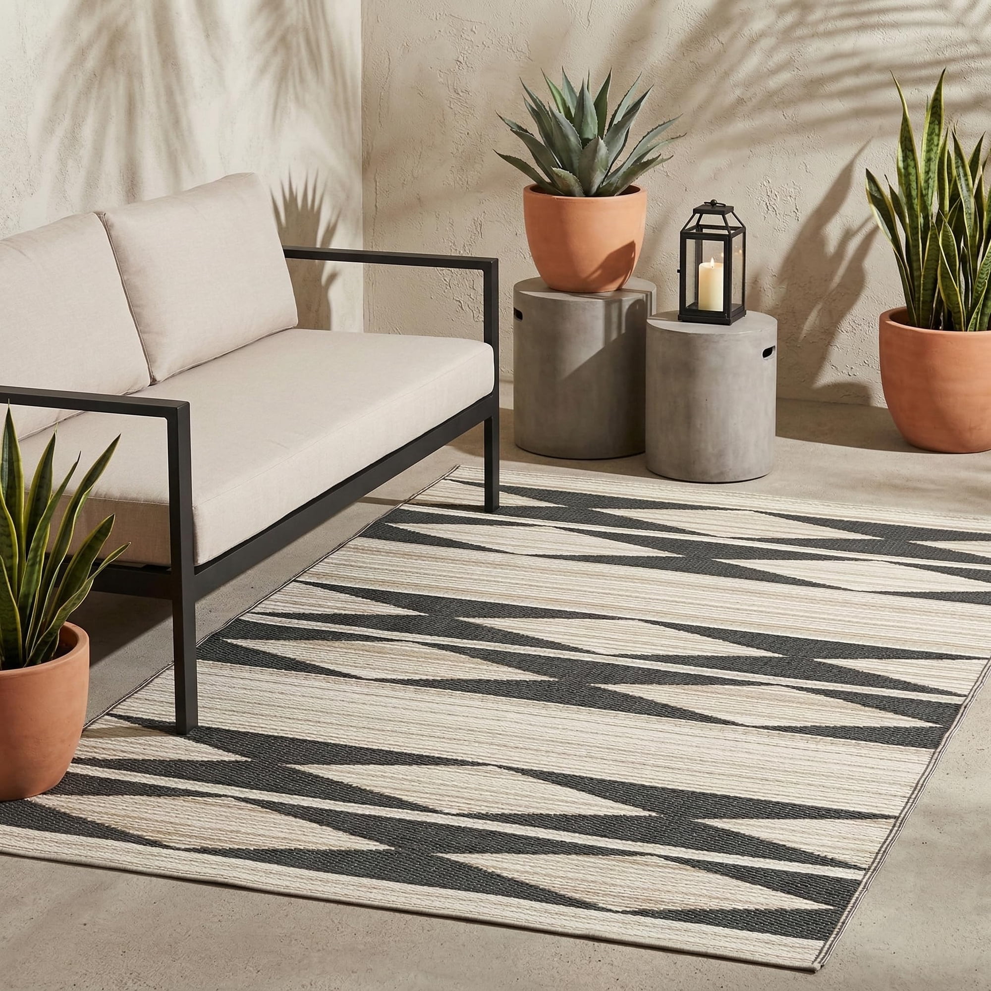 Fab Habitat Geometric Neutral Tribal Outdoor Rug - Waterproof, Fade Resistant, Crease-Free, Reversible - Premium Recycled Plastic - Patio Porch Balcony Deck - Cairo NaturalBlack - 8x10 ft