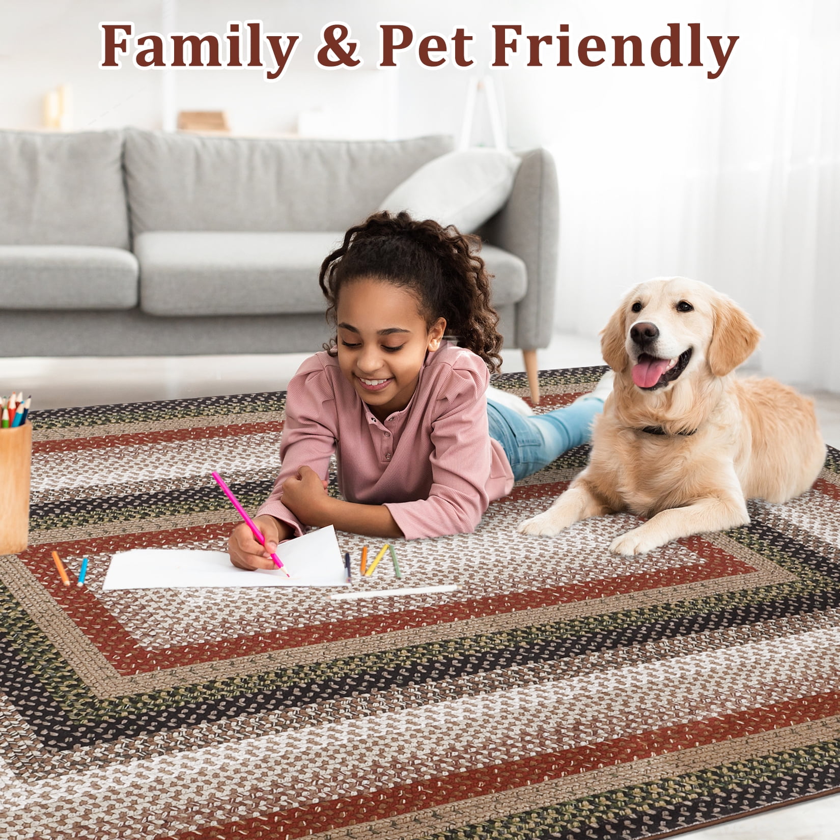 Garvee Modern Washable Braided Print Rugs, 8'x10' Non Slip Farmhouse Floor Carpet Boho Geometric Area Rug for Living Room Bedroom, Red and Black