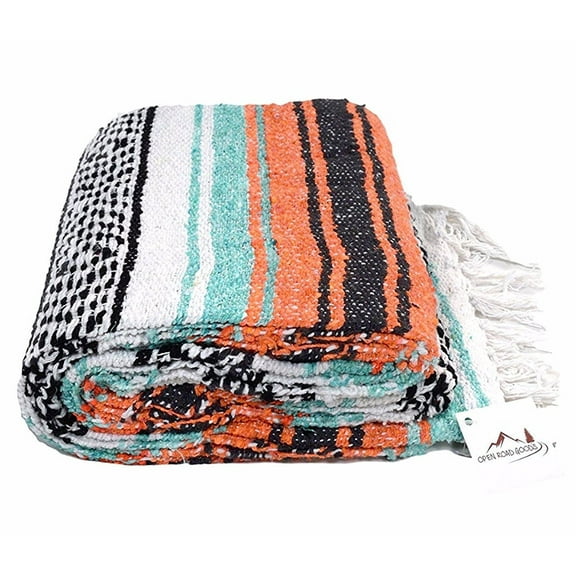 Mexican Blanket in Mint, Orange & Black - Great for the Beach, Picnics, Yoga, or as a Throw!!