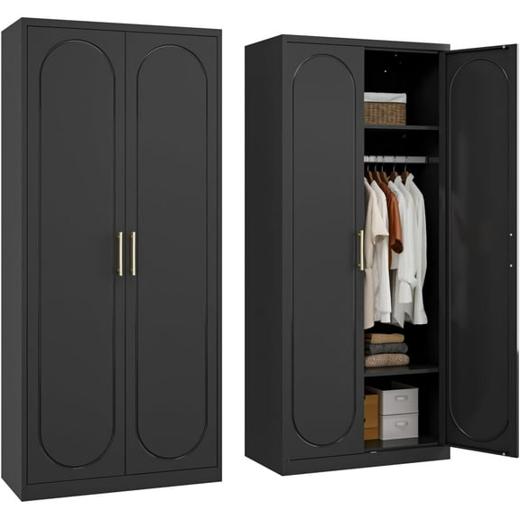 71" Metal Armoire Wardrobe Closet with Doors,Tall Clothing Storage Cabinet with Adjustable Shelves and Hanging Rod,Black Wardrobe Closet for Bedroom,Home,Office,Gym
