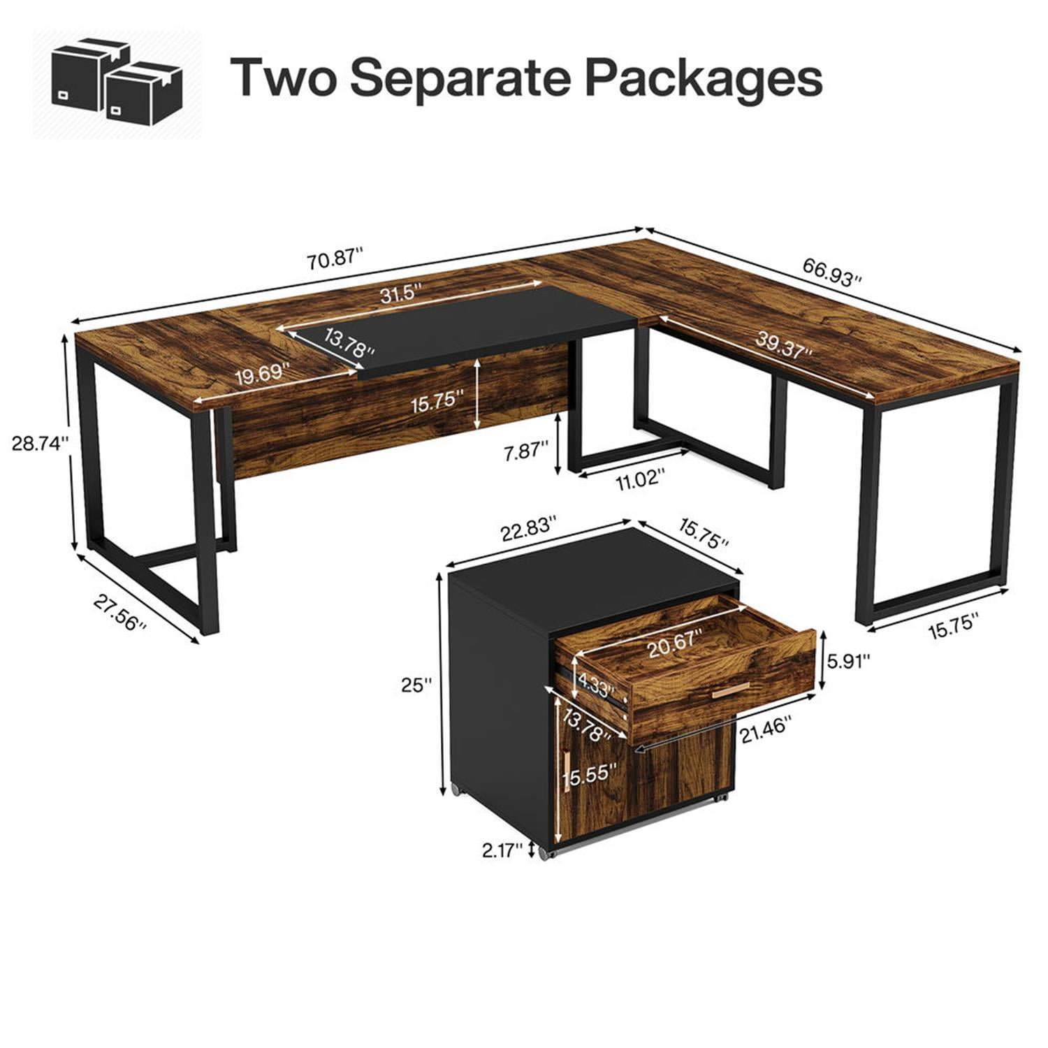 Demi Bonn Modern L Shaped Gaming Desk, 71" Executive Desk with Mobile Lateral File Cabinet for Home Office, Brown