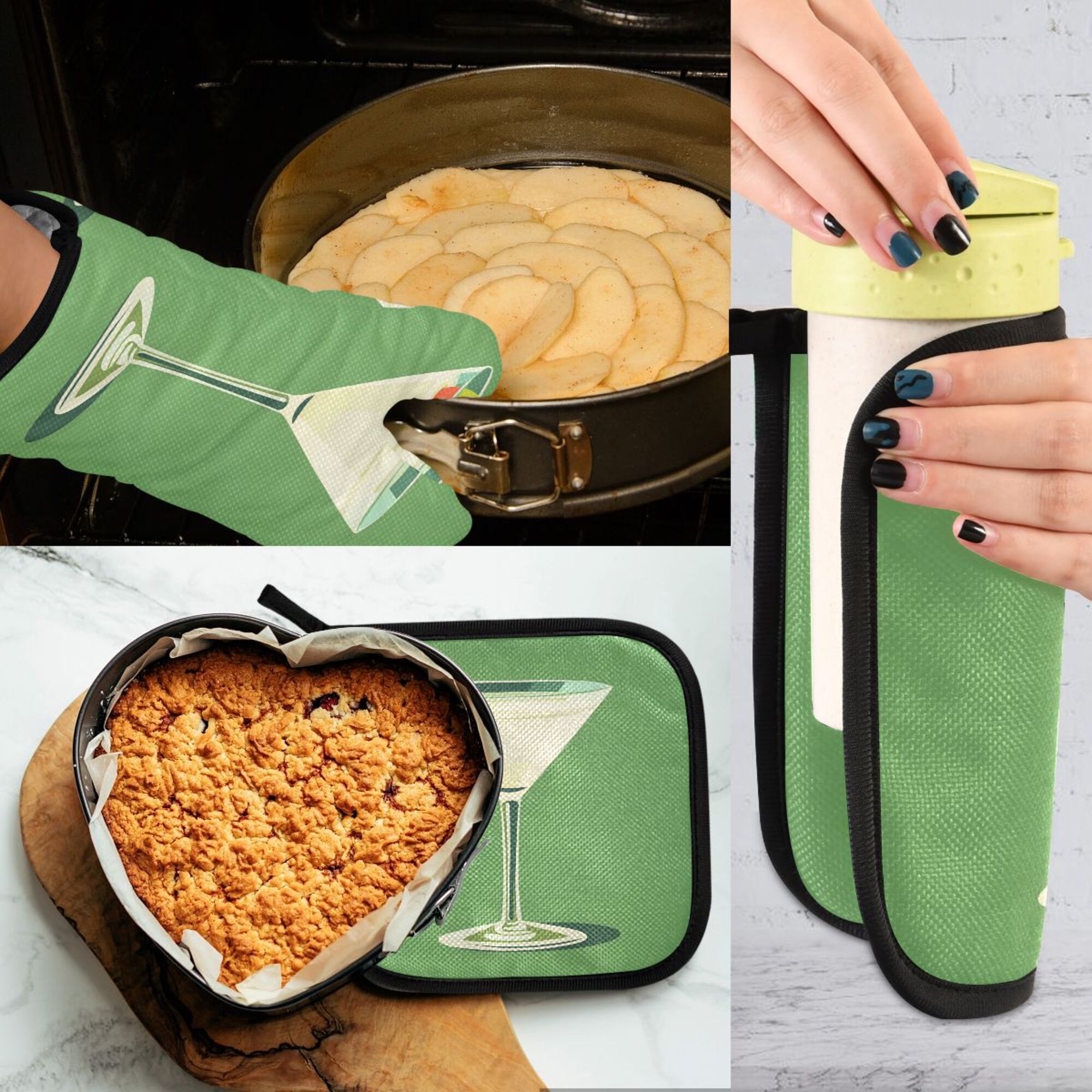 Yayeee Oven Mitts and Pot Holder Set of 4 Heat Resistant Kitchen Gloves Baking Hot Pad, Green Lemon Juice