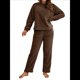 thumbnail image 3 of Pijama de 2 Piezas para Mujer, Conjunto de Ropa de Estar por Casa, Suéter de Punto, Cuello Redondo, Larga, Conjuntos Peludos Café L, 3 of 8