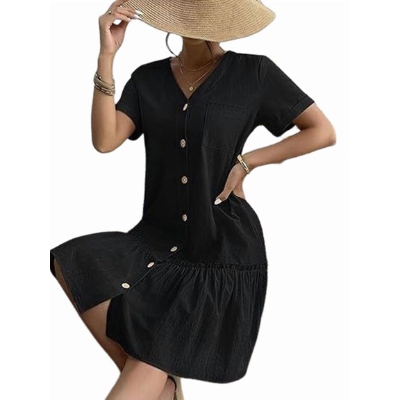 Women's V-Neck Short Sleeve Button Down Pockets Dresses Shirt for Casual Beach Black S