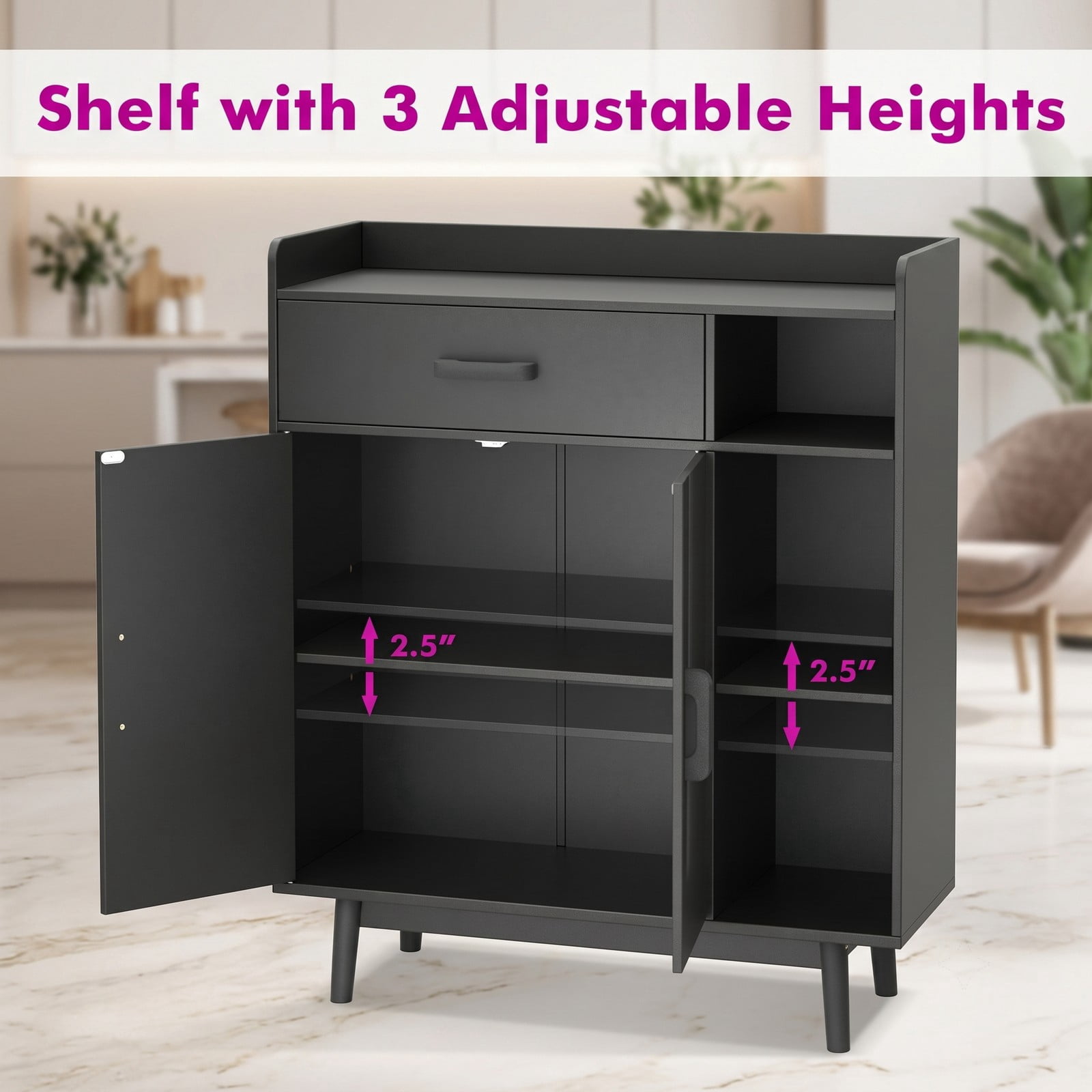 Furnibear Floor Storage Cabinet Free Standing Cupboard Chest with Drawer, Double-Door Cabinet, Adjustable Shelf and 3 Open Display Shelves for Living Room, Black