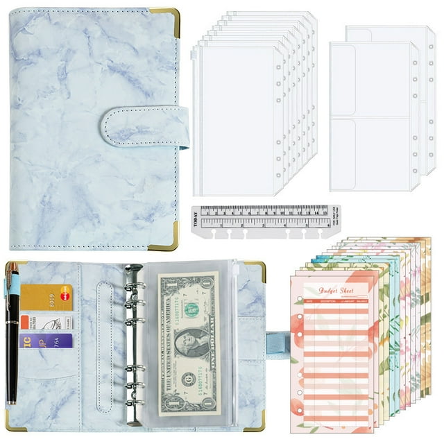 YSTIANN Marbled Cash Budget Planner – A6 Leather PU Binder with Zipper Pockets & Expense Cards, Refillable Notebook for Money Tracking & Financial Goals AZ78-5671