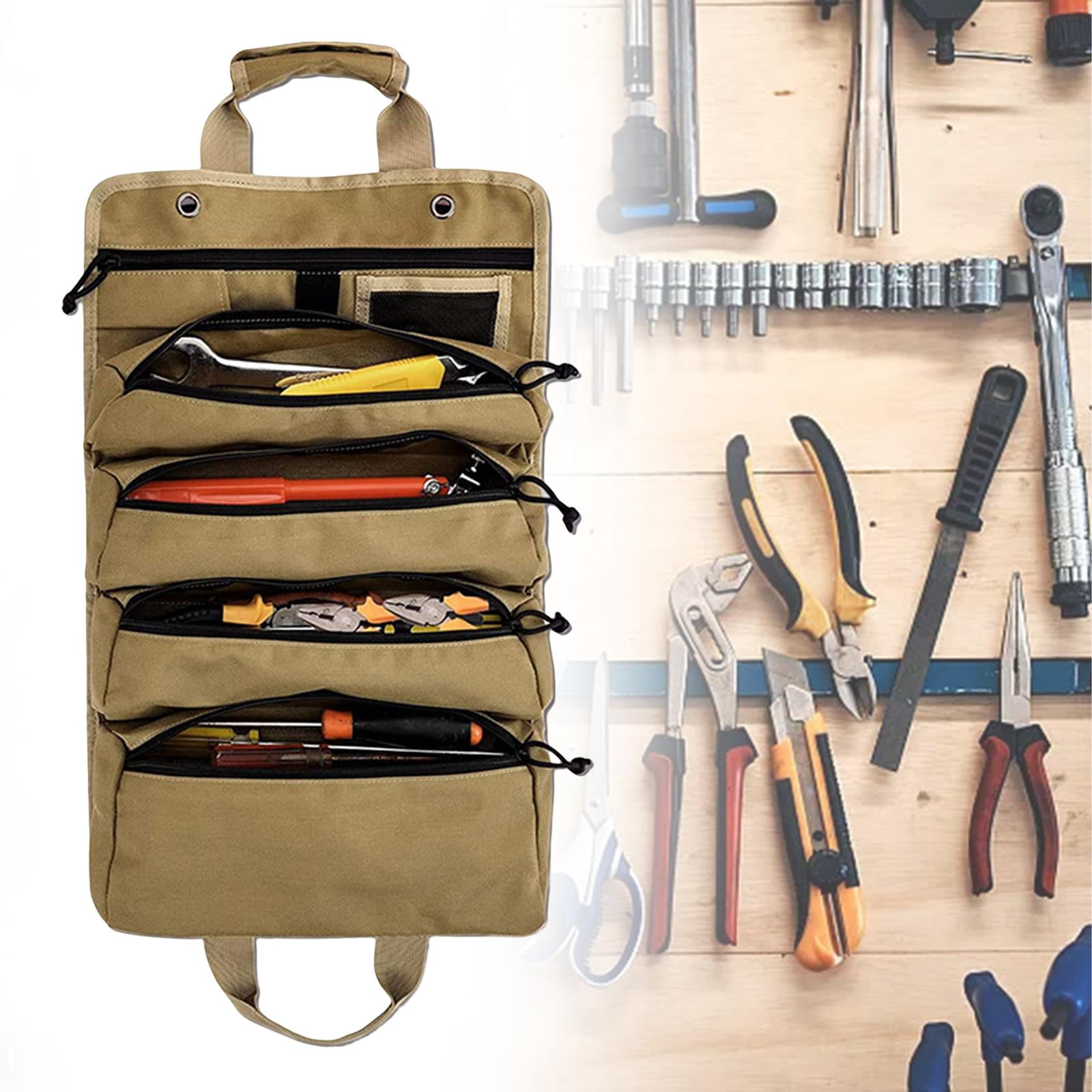 Roll up Tool Bag Organizer with 5 Different Pouches for Car Garage or Work Shop Professional Water Resistant Heavy Duty Compact Wrench Roll Khaki