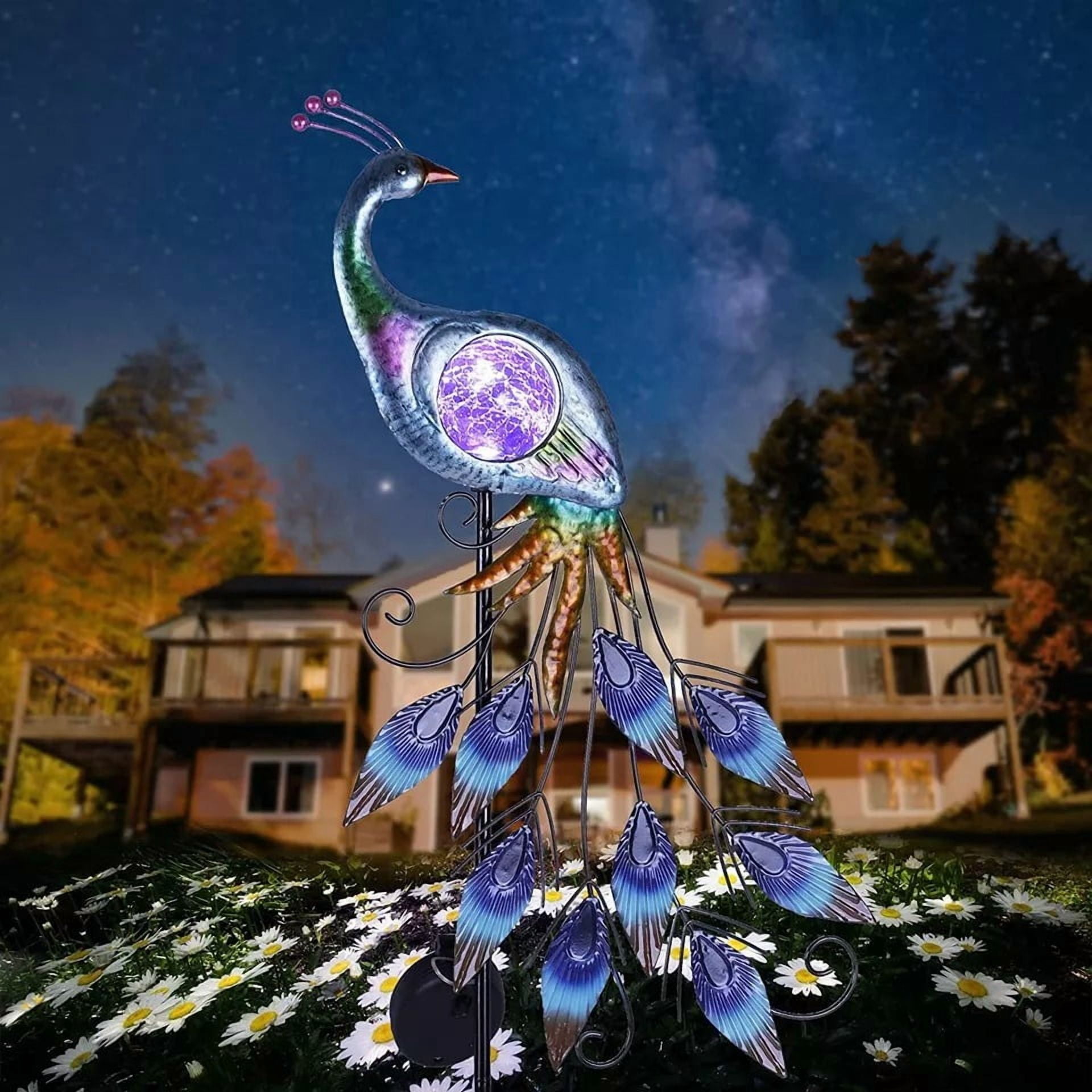 XZKING Peacock Solar Outdoor Lights 31.5'' Metal Lawn Ornaments for Outside with Crackle Glass Ball,Decorative Stake for Patio Yard Decorations