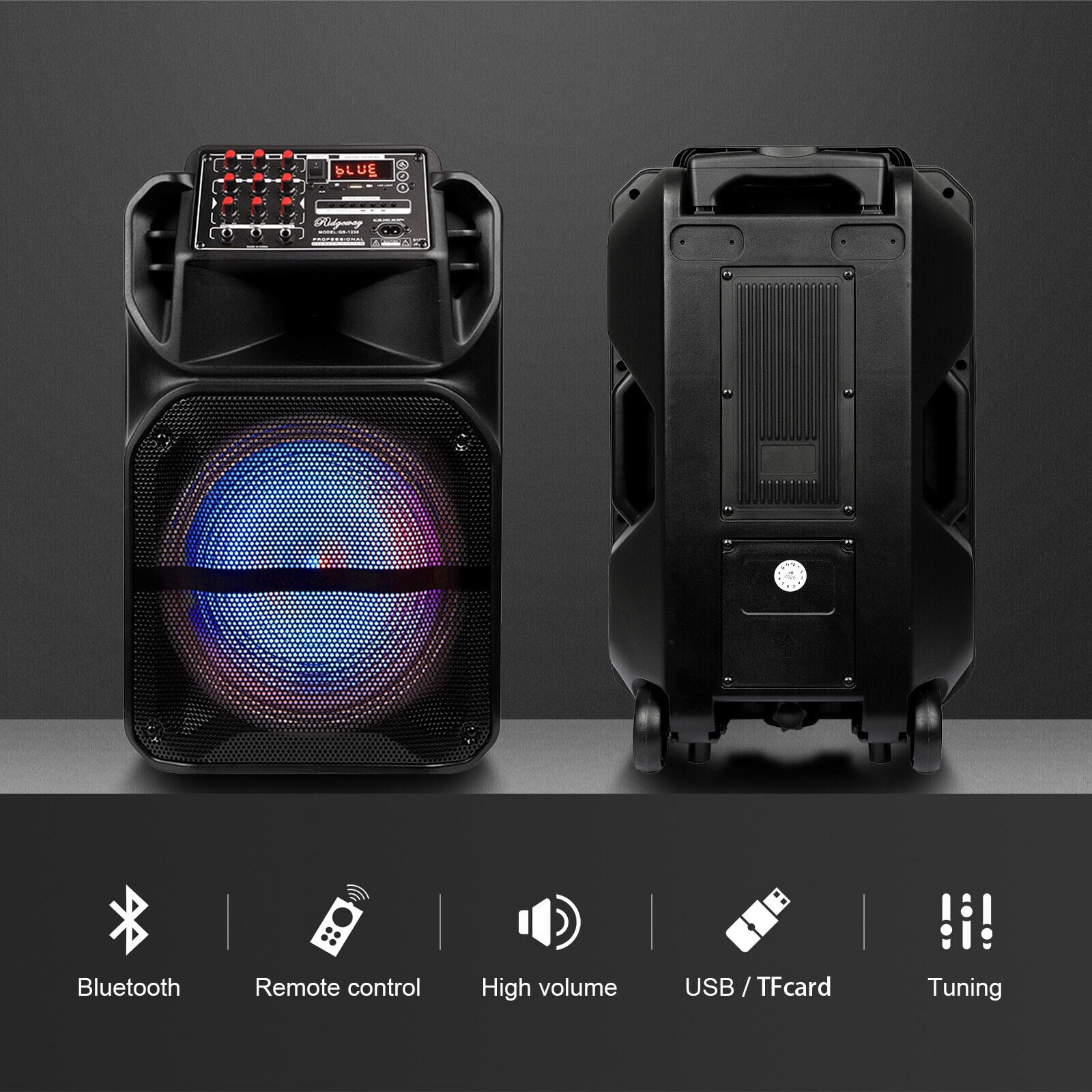 RIDWIND Wireless Portable Bluetooth Speaker 12" Subwoofer Indoor & Outdoor DJ Sound Stereo Loudspeaker Built-in Party Lights and Rolling Wheels W/ Microphone & Remote Control Support AUX/USB/TF/FM