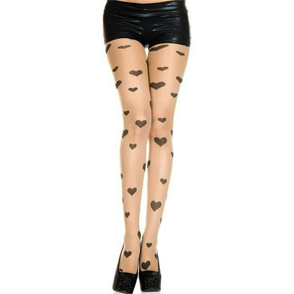 Music Legs Women's Women's 7399-BEIGE-BLACK Heart Print Spandex Pantyhose - Beige & Black 7399-BEIGE/BLACK