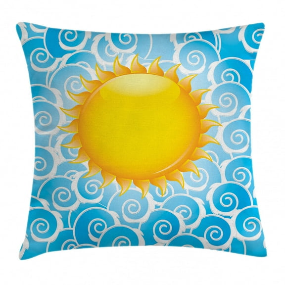 Summer Throw Pillow Cushion Cover, Bright Sun Pattern over Blue Waves Vacation Themed Holiday Joy Ocean Illustration, Decorative Square Accent Pillow Case, 24 X 24 Inches, Earth Yellow, by Ambesonne