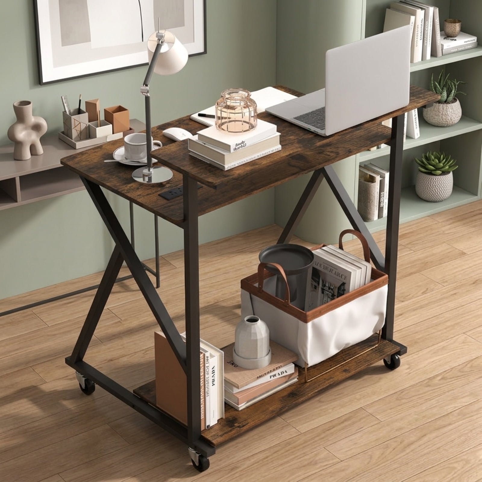 Furnibear 32 Inch Rolling Computer Desk for Small Spaces With Power Outlets and Monitor Shelf, Compact Home Office Desk on Wheels, Rustic Brown