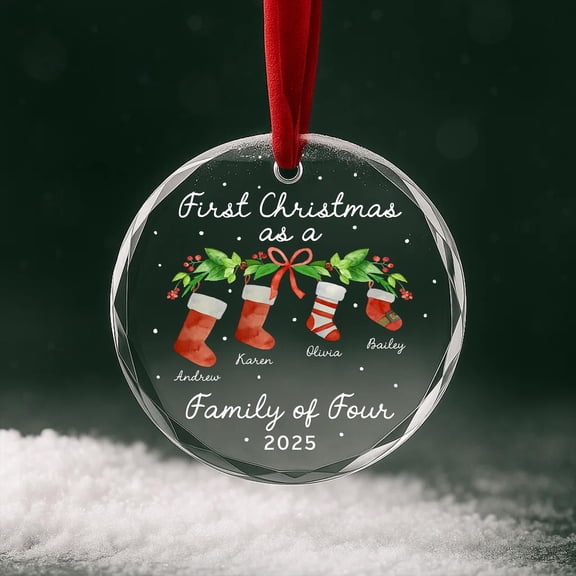 First Christmas as a Family of Four Glass Ornament 2025 – Personalized Stocking Keepsake