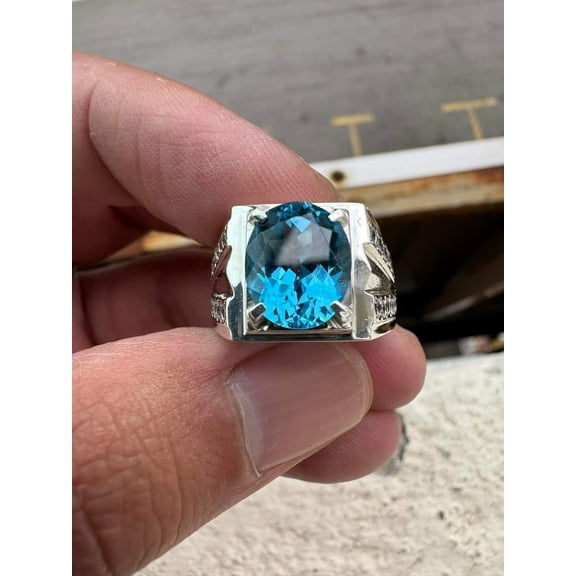NATURAL BLUE TOPAZ GEMSTONE 18K WHITE GOLD MALE RING
