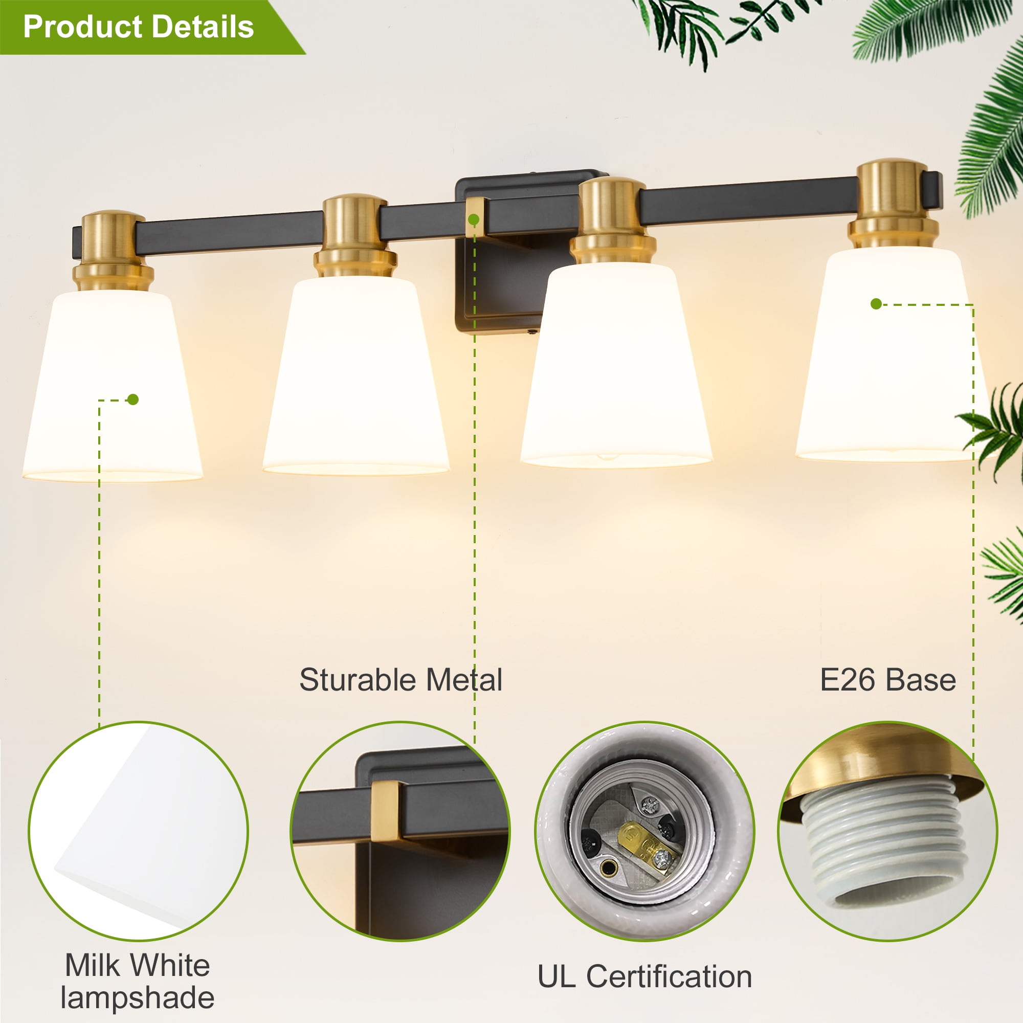 Deyidn 30" 4-Light Vanity Light, Black Gold Dimmable Bathroom Light Fixture with Milk White Cone Shades for Modern Farmhouse