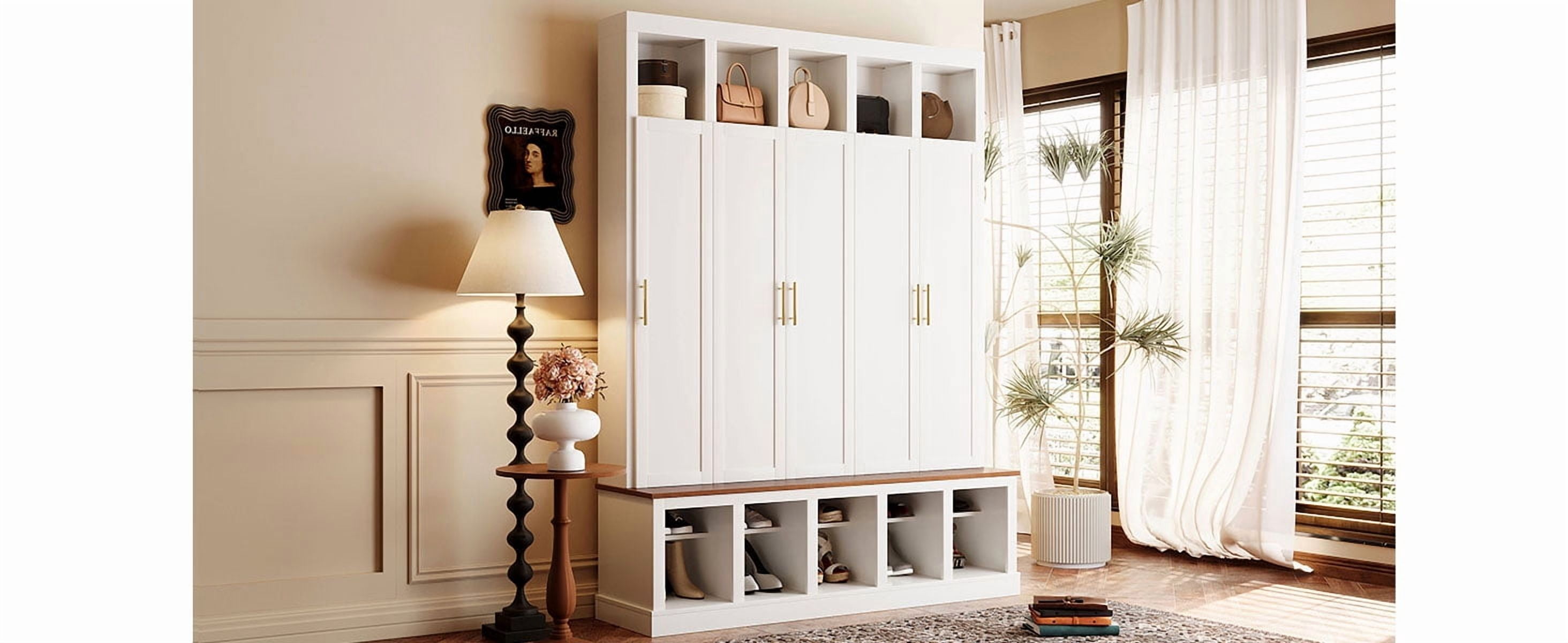 Mintazer 76” Tall Farmhouse Hall Tree with Shoe Rack Bench & Display Cubbies, Storage Cabinet with 3 Doors Closet for Entryway, Living Room, Bedroom, White