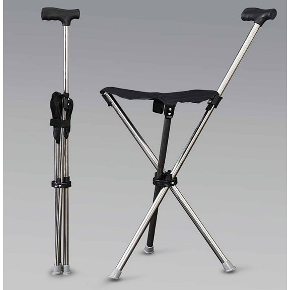 LCOKEIY Lightweight Folding Cane with Seat for Seniors, Outdoor Travel  Use, Black, 32" Cane Height